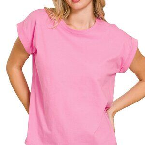 Zenana Round Neck Folded Short Sleeve T-Shirt